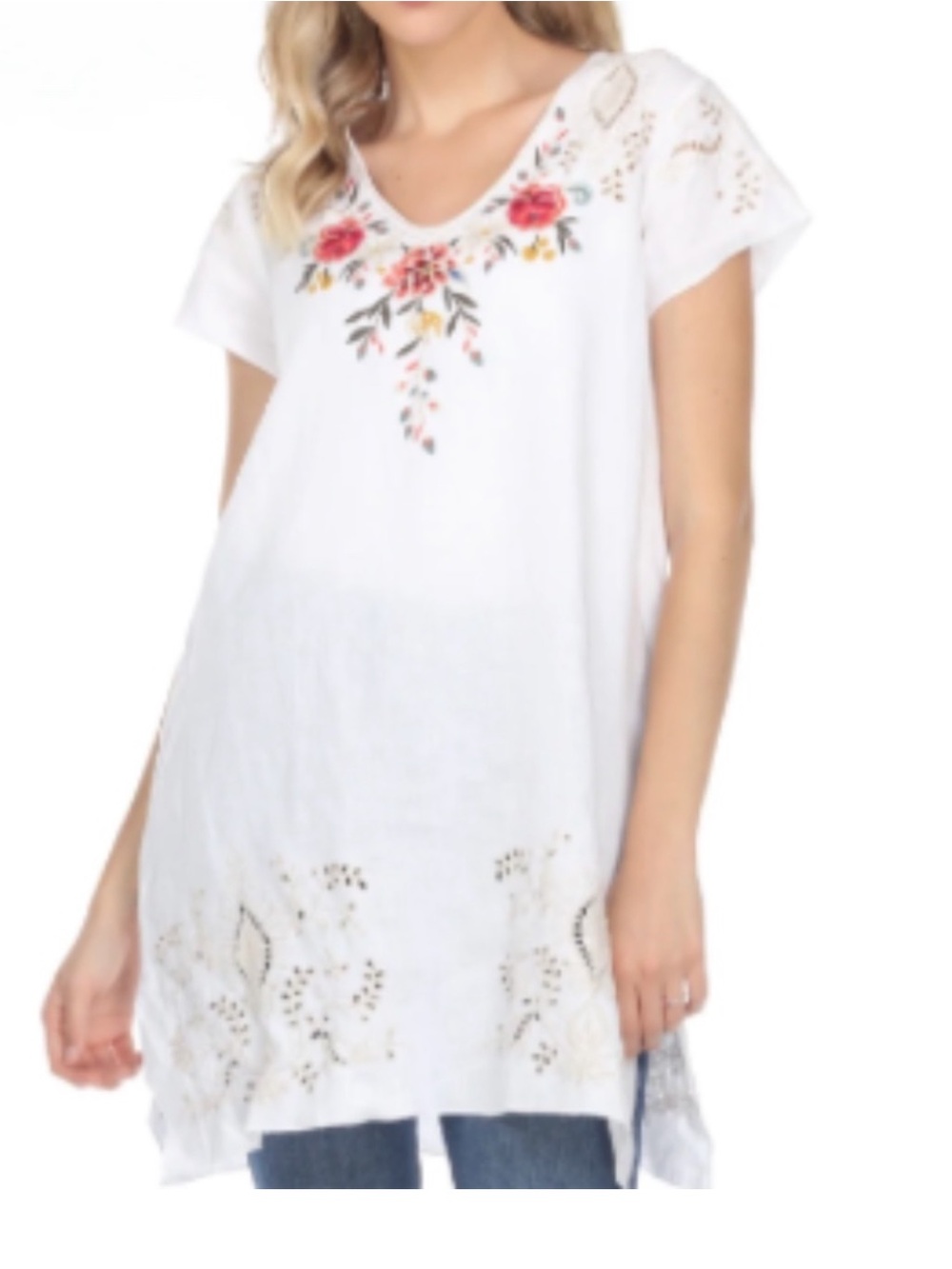 Johnny Was Assa white linen drape tunic dress floral print embroidered